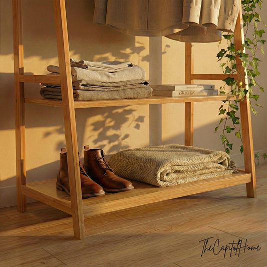 Bamboo A-Frame Clothes Rack | Freestanding Garment Rack with Shelves & Hooks | Japandi Style