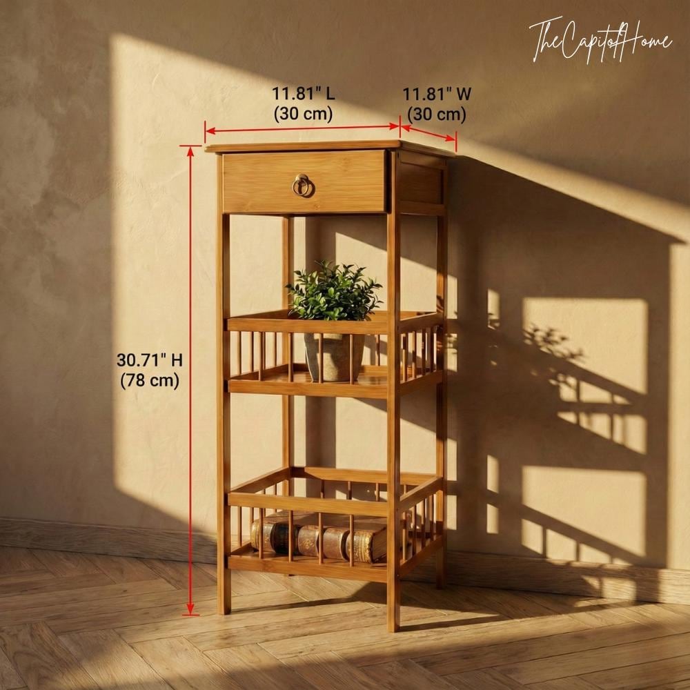 Bamboo 3-Tier Plant Stand 31" – Japandi Nightstand with Drawer, Natural Wood