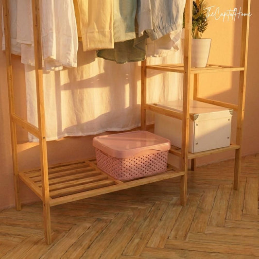 Bamboo Clothes Rack with Curtain & 6 Shelves – Japanese Style Open Wardrobe Organizer 57"