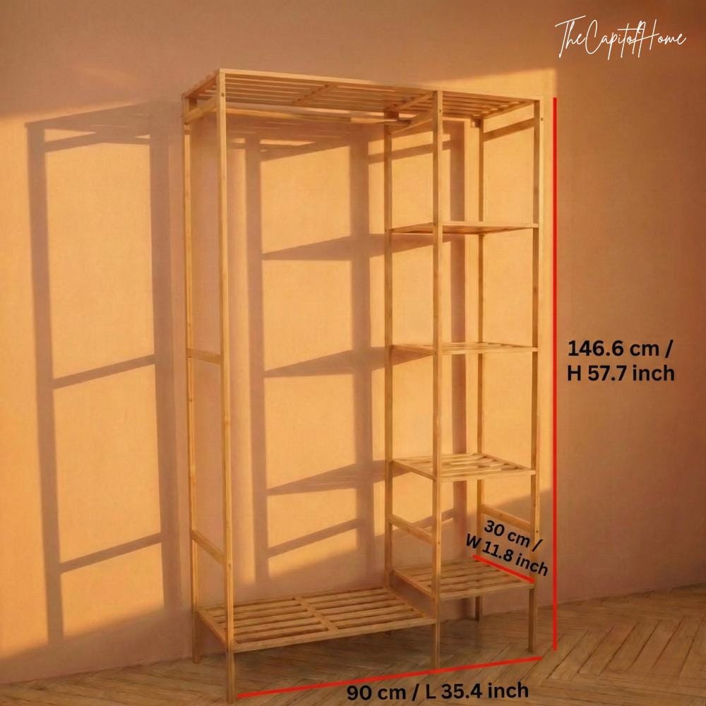 Bamboo Clothes Rack with Curtain & 6 Shelves – Japanese Style Open Wardrobe Organizer 57"