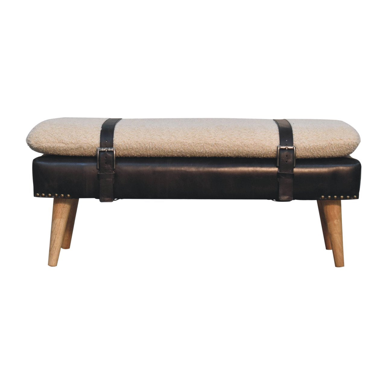 Bouclé Buffalo Hide Black Leather Bench - product view