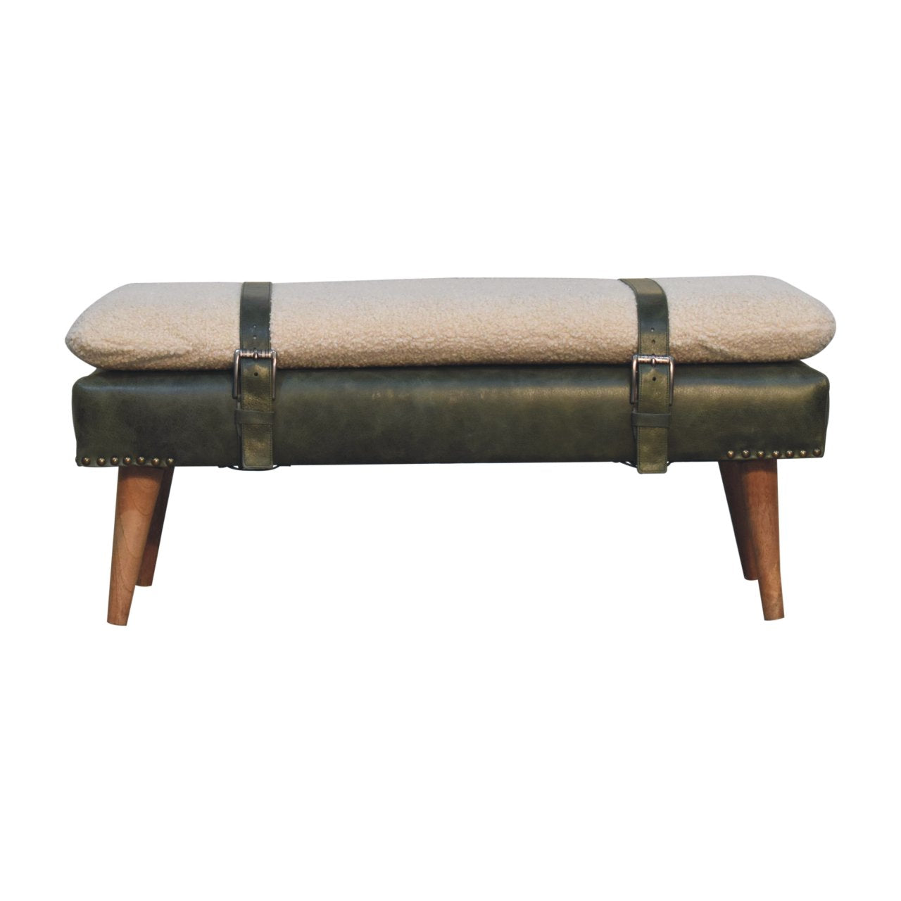 Bouclé Buffalo Hide Olive Green Leather Bench - product view