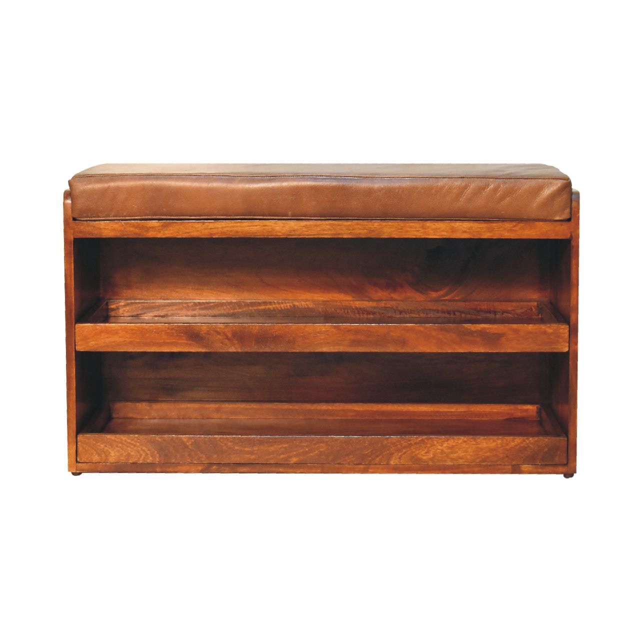 Buffalo Hide Pull out Chestnut Shoe Storage Bench - product view