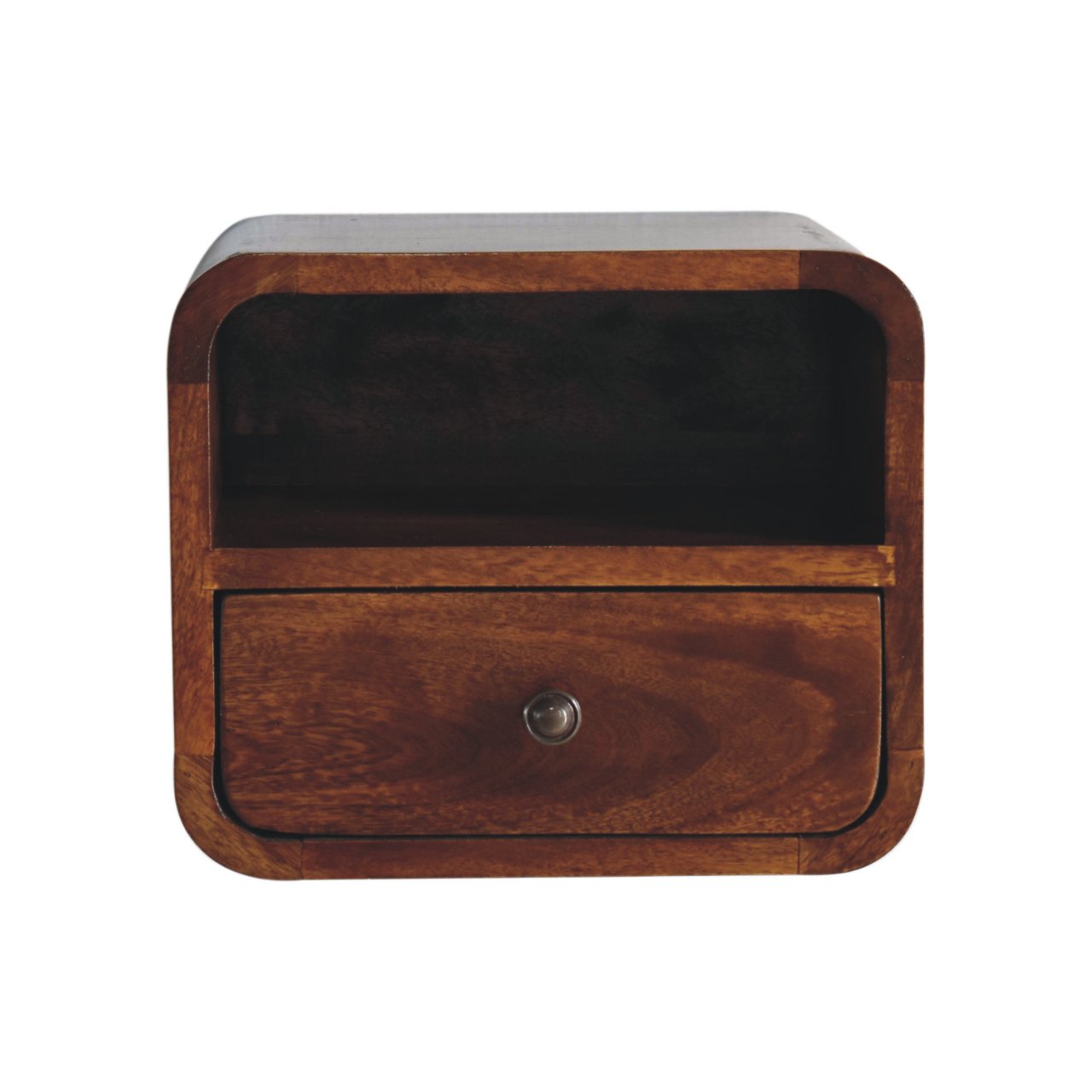 Extra Mini Wall Mounted Curved Chestnut Bedside with Open Slot - product view