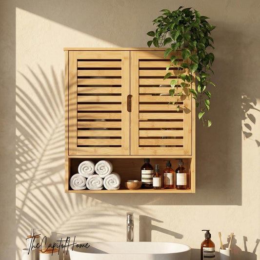 Modern Bamboo Wall Cabinet | Minimalist Bathroom Storage Organizer | Japandi Style