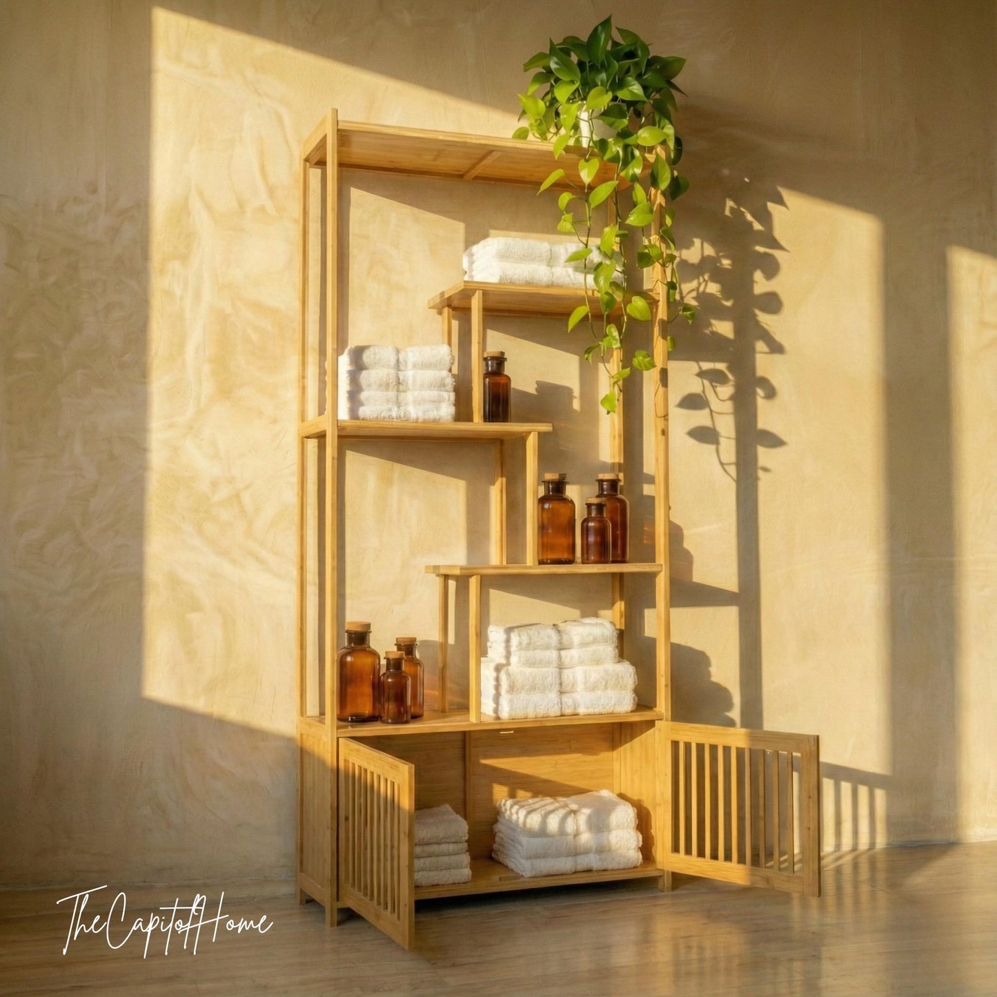 Bamboo 5-Tier Freestanding Shelf – Japandi Living Room Display & Storage Organizer