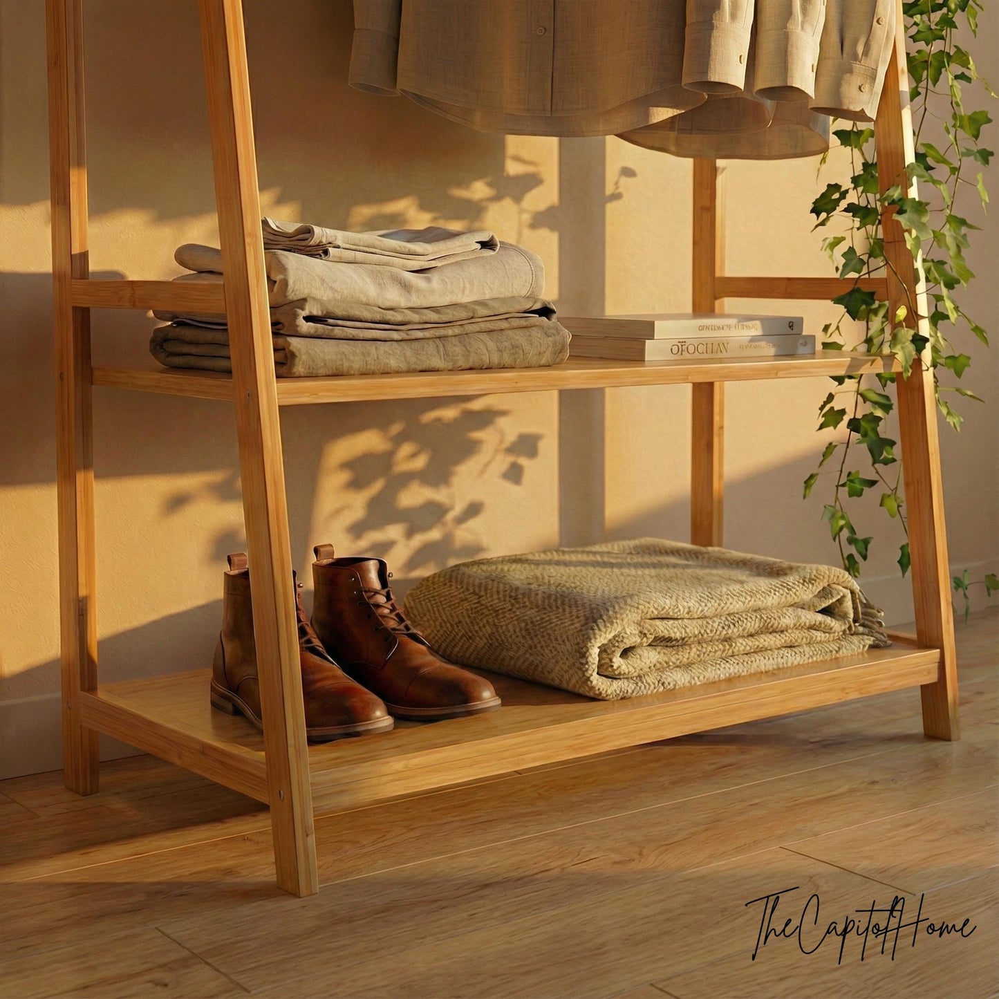 Bamboo A-Frame Clothes Rack | Freestanding Garment Rack with Shelves & Hooks | Japandi Style
