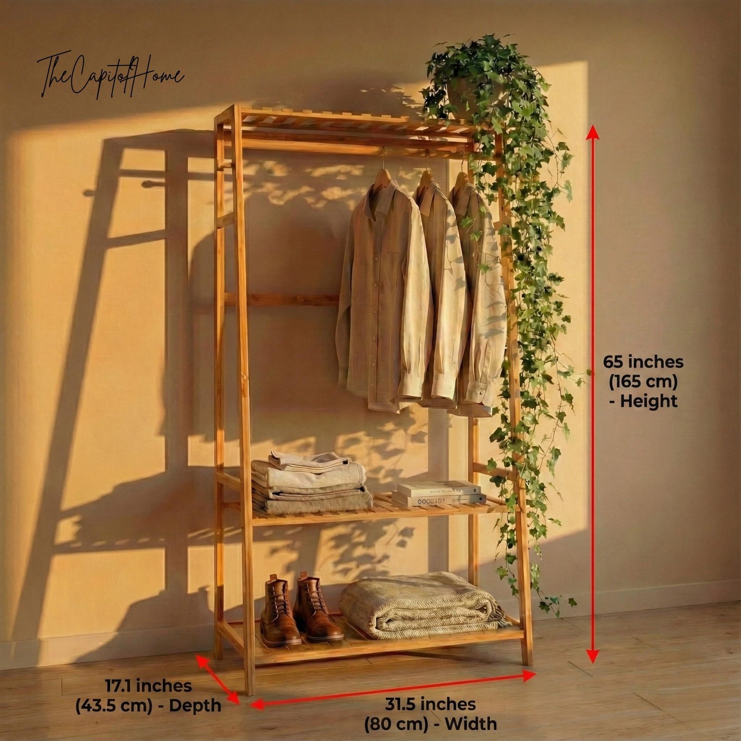 Bamboo A-Frame Clothes Rack | Freestanding Garment Rack with Shelves & Hooks | Japandi Style