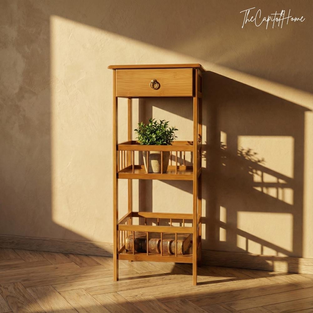 Bamboo 3-Tier Plant Stand 31" – Japandi Nightstand with Drawer, Natural Wood