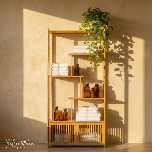Bamboo 5-Tier Freestanding Shelf – Japandi Living Room Display & Storage Organizer