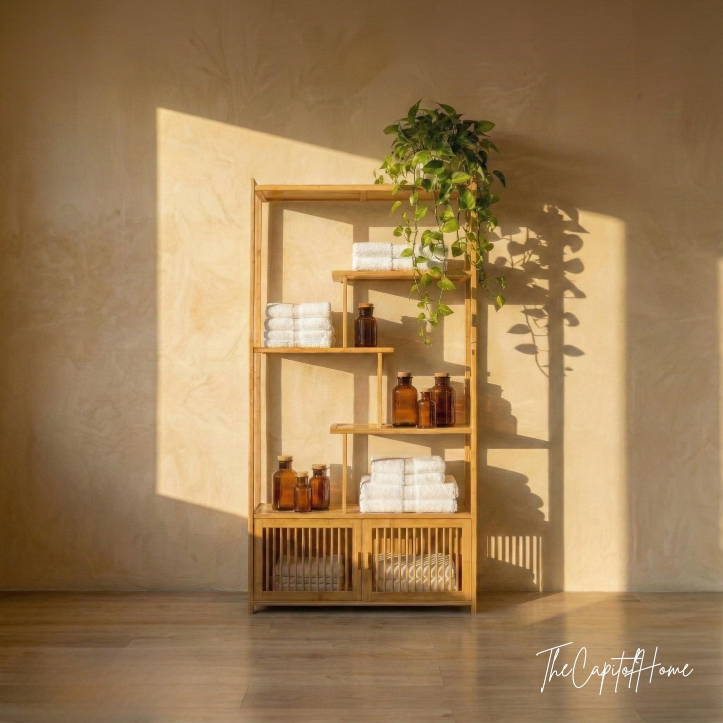 Bamboo 5-Tier Freestanding Shelf – Japandi Living Room Display & Storage Organizer