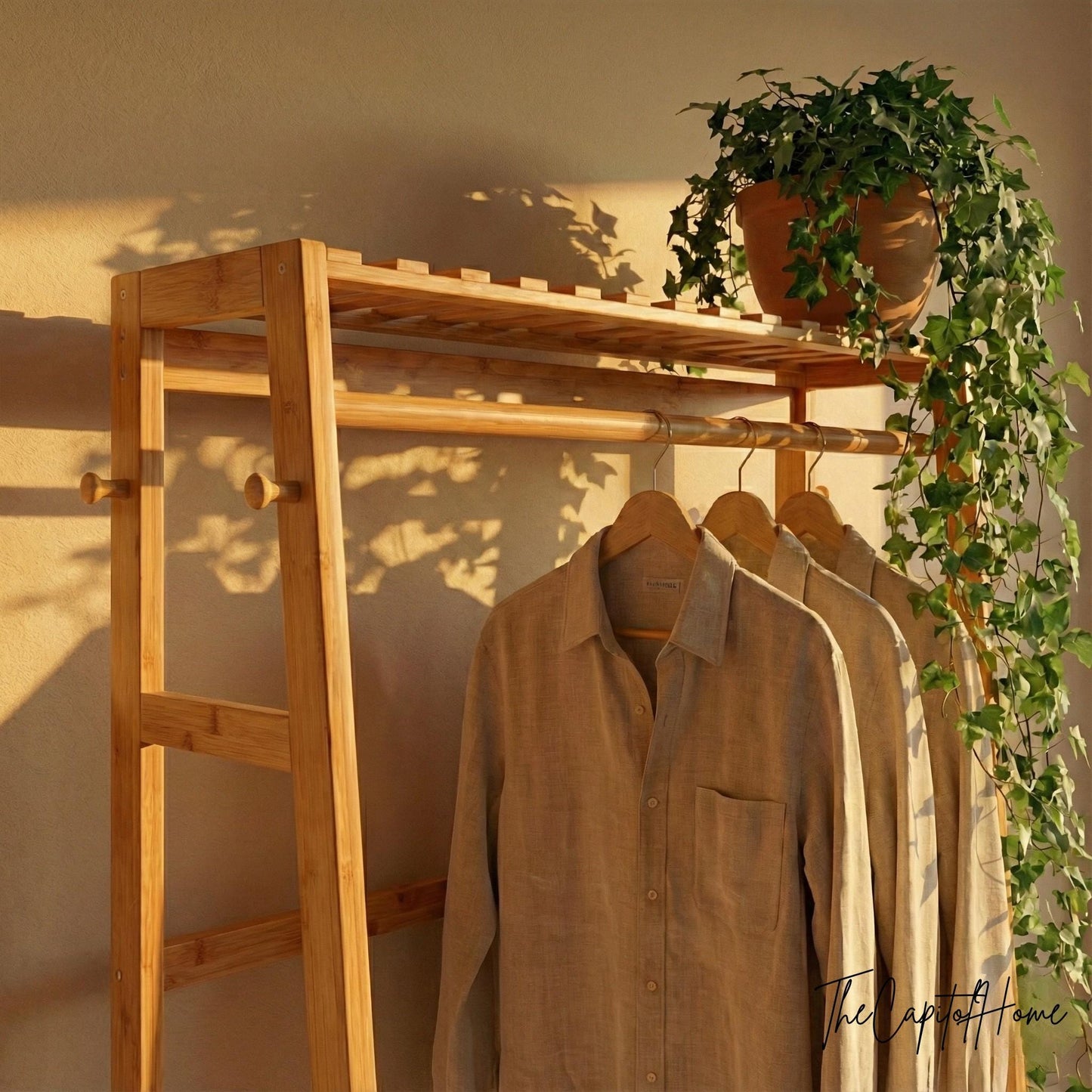 Bamboo A-Frame Clothes Rack | Freestanding Garment Rack with Shelves & Hooks | Japandi Style