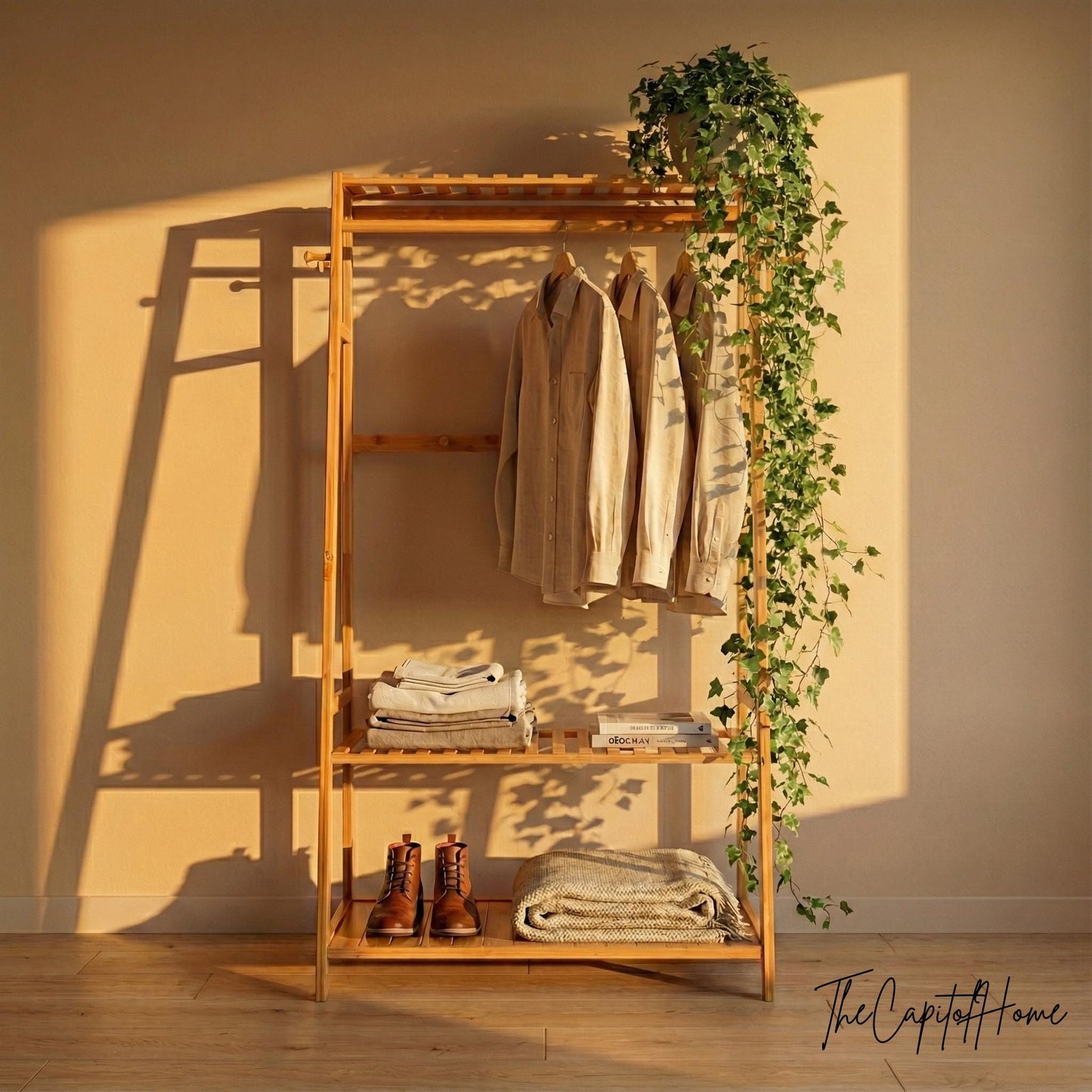 Bamboo A-Frame Clothes Rack | Freestanding Garment Rack with Shelves & Hooks | Japandi Style