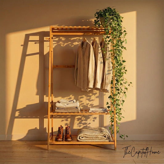 Bamboo A-Frame Clothes Rack | Freestanding Garment Rack with Shelves & Hooks | Japandi Style