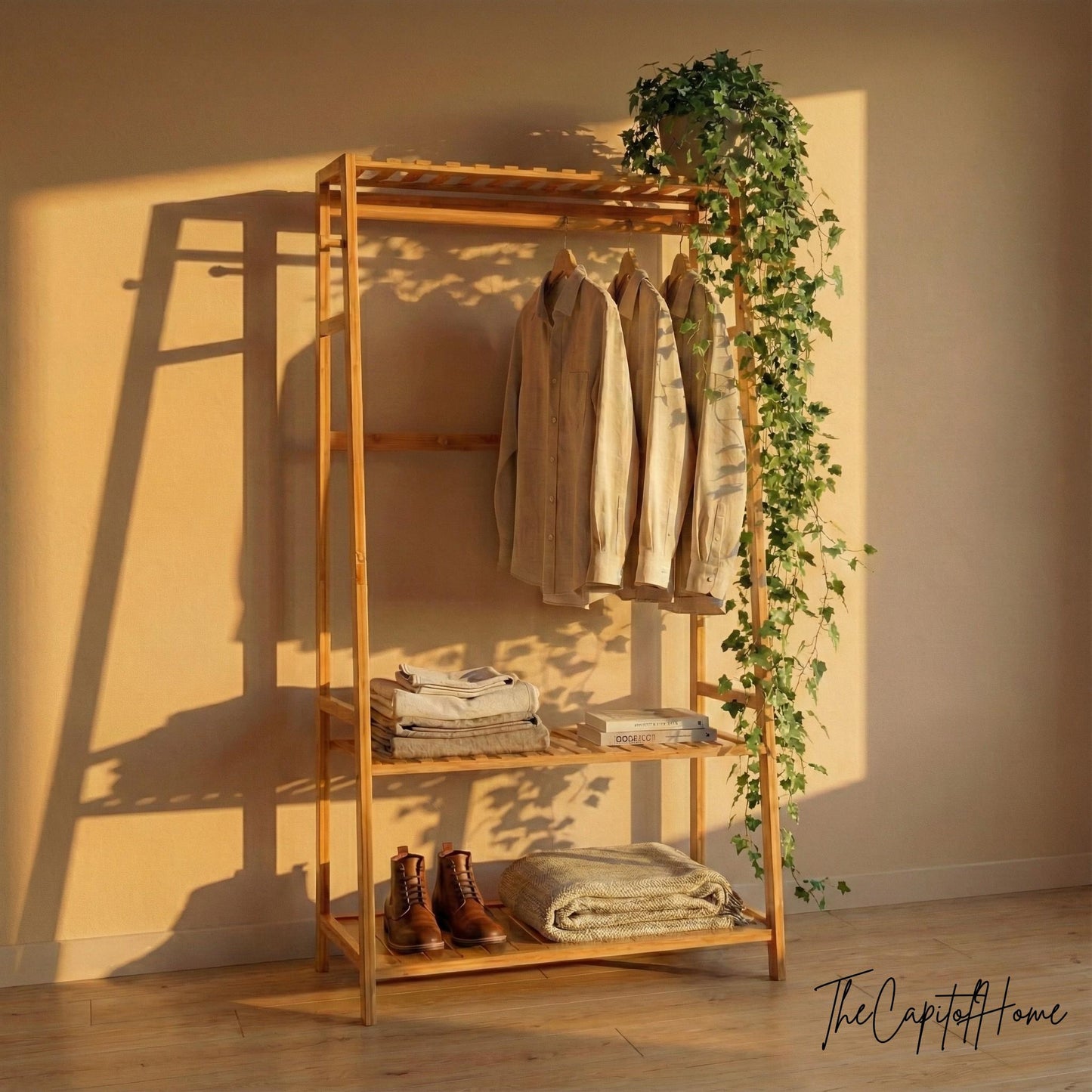 Bamboo A-Frame Clothes Rack | Freestanding Garment Rack with Shelves & Hooks | Japandi Style