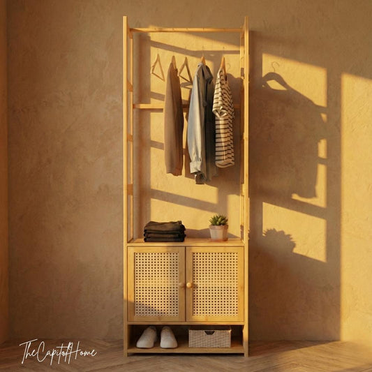 Japandi Bamboo Wardrobe & Closet Organizer | Rattan-Look Open Entryway Cabinet | Boho Wood Clothes Rack