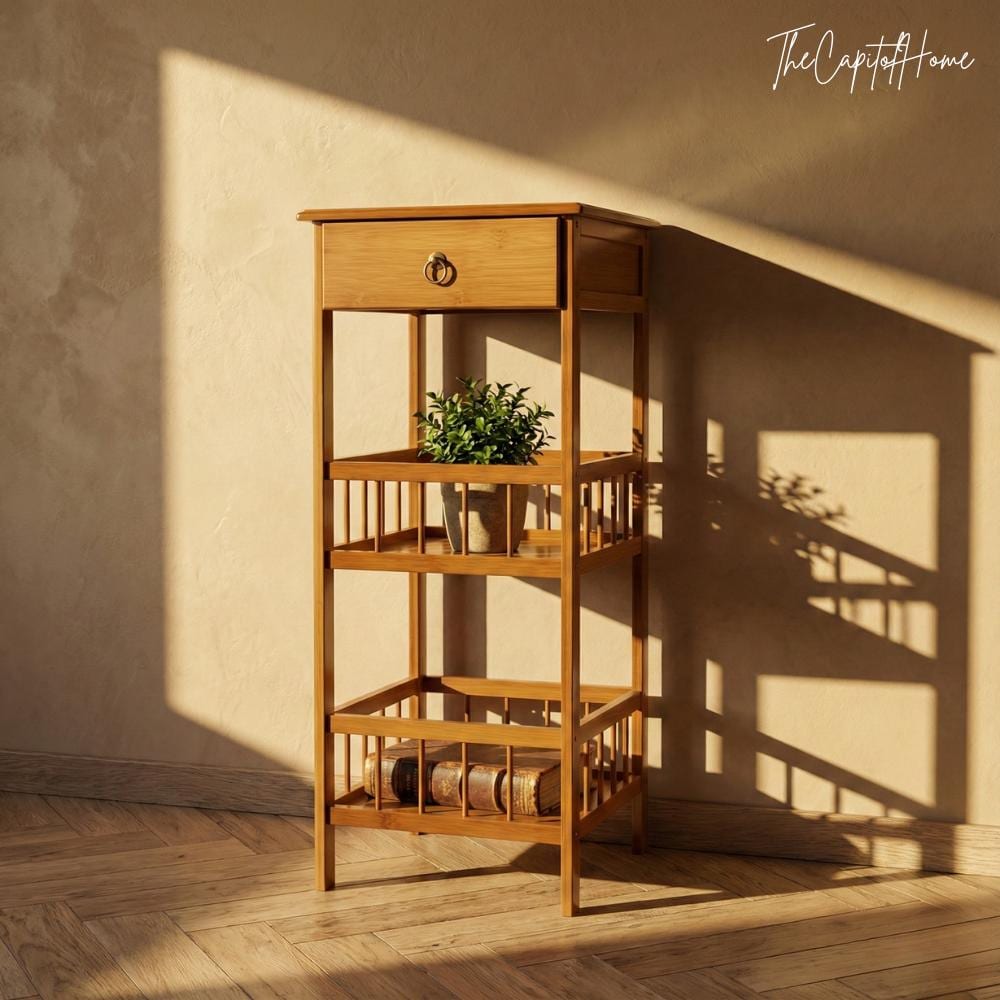 Bamboo 3-Tier Plant Stand 31" – Japandi Nightstand with Drawer, Natural Wood