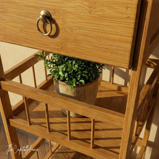 Bamboo 3-Tier Plant Stand 31" – Japandi Nightstand with Drawer, Natural Wood