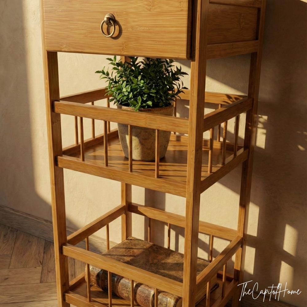 Bamboo 3-Tier Plant Stand 31" – Japandi Nightstand with Drawer, Natural Wood