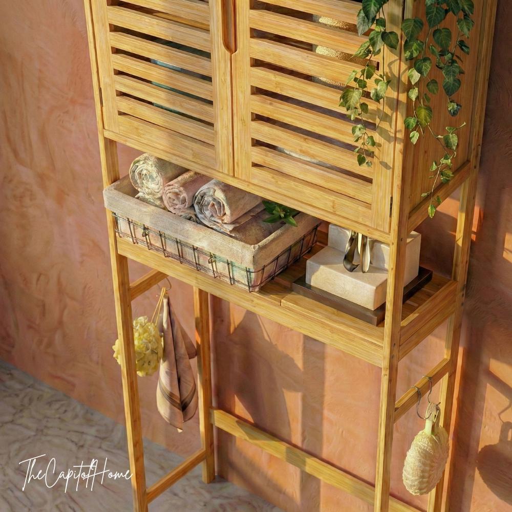 Bamboo Bathroom Vanity Organizer – Japandi Space-Saving Over-Toilet Storage Cabinet