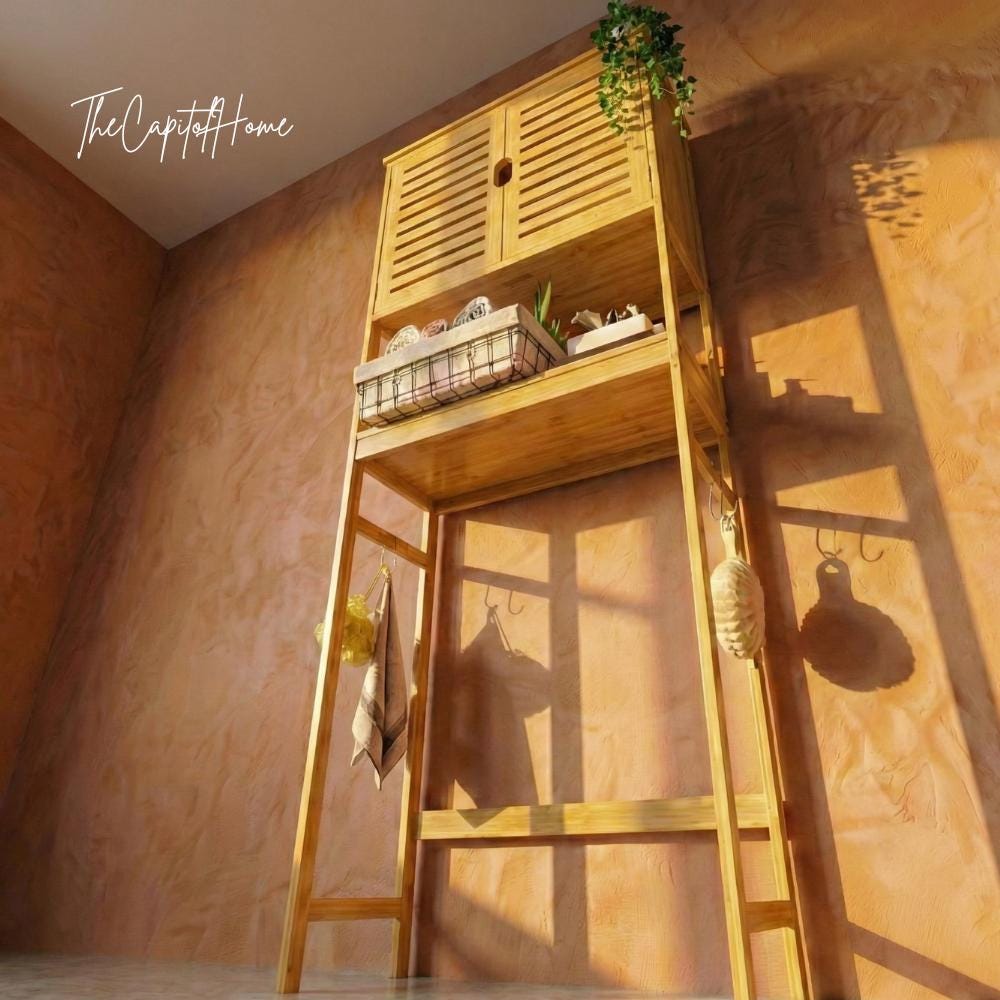 Bamboo Bathroom Vanity Organizer – Japandi Space-Saving Over-Toilet Storage Cabinet