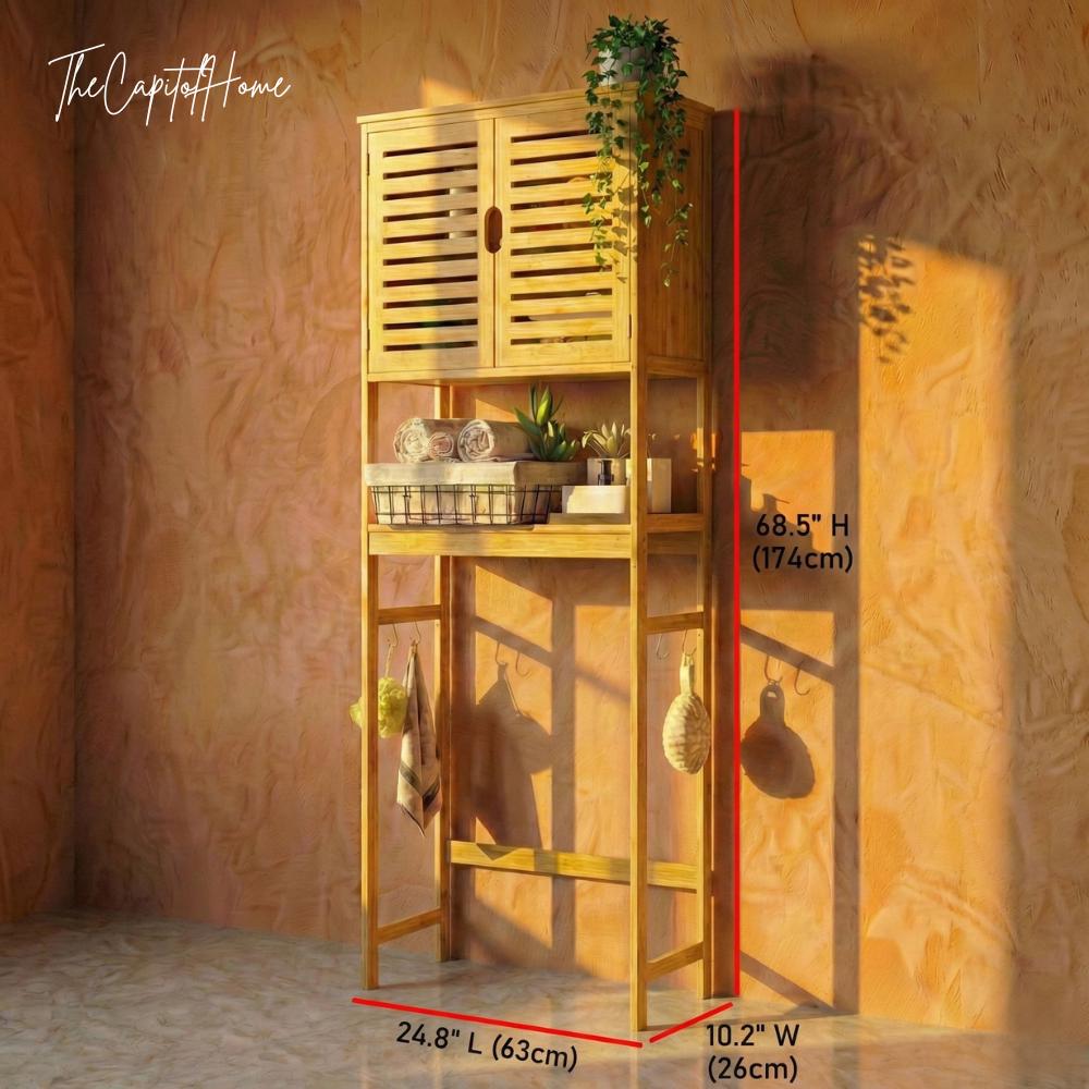 Bamboo Bathroom Vanity Organizer – Japandi Space-Saving Over-Toilet Storage Cabinet