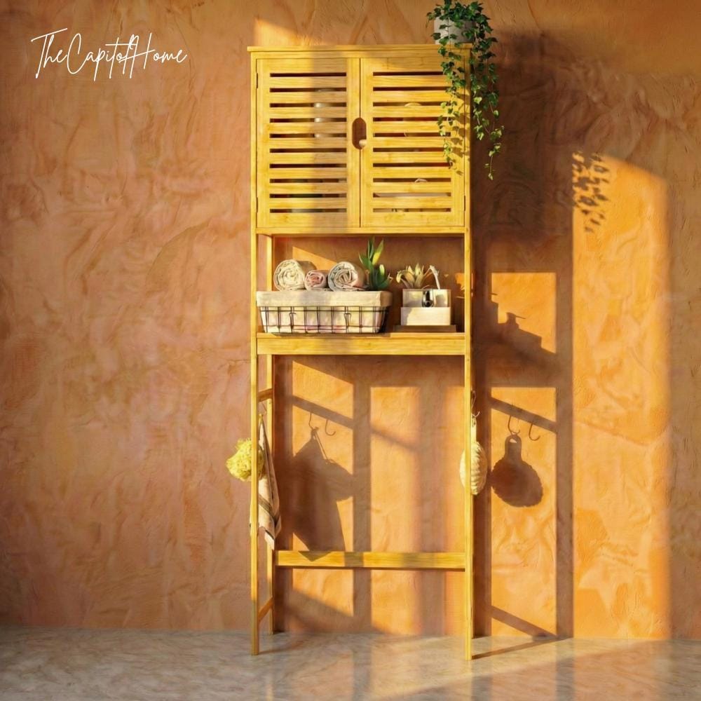 Bamboo Bathroom Vanity Organizer – Japandi Space-Saving Over-Toilet Storage Cabinet
