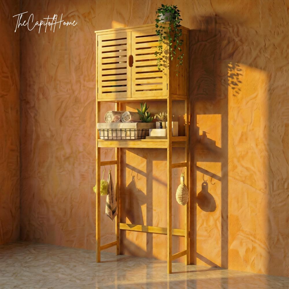 Bamboo Bathroom Vanity Organizer – Japandi Space-Saving Over-Toilet Storage Cabinet
