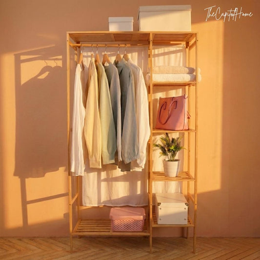 Bamboo Clothes Rack with Curtain & 6 Shelves – Japanese Style Open Wardrobe Organizer 57"