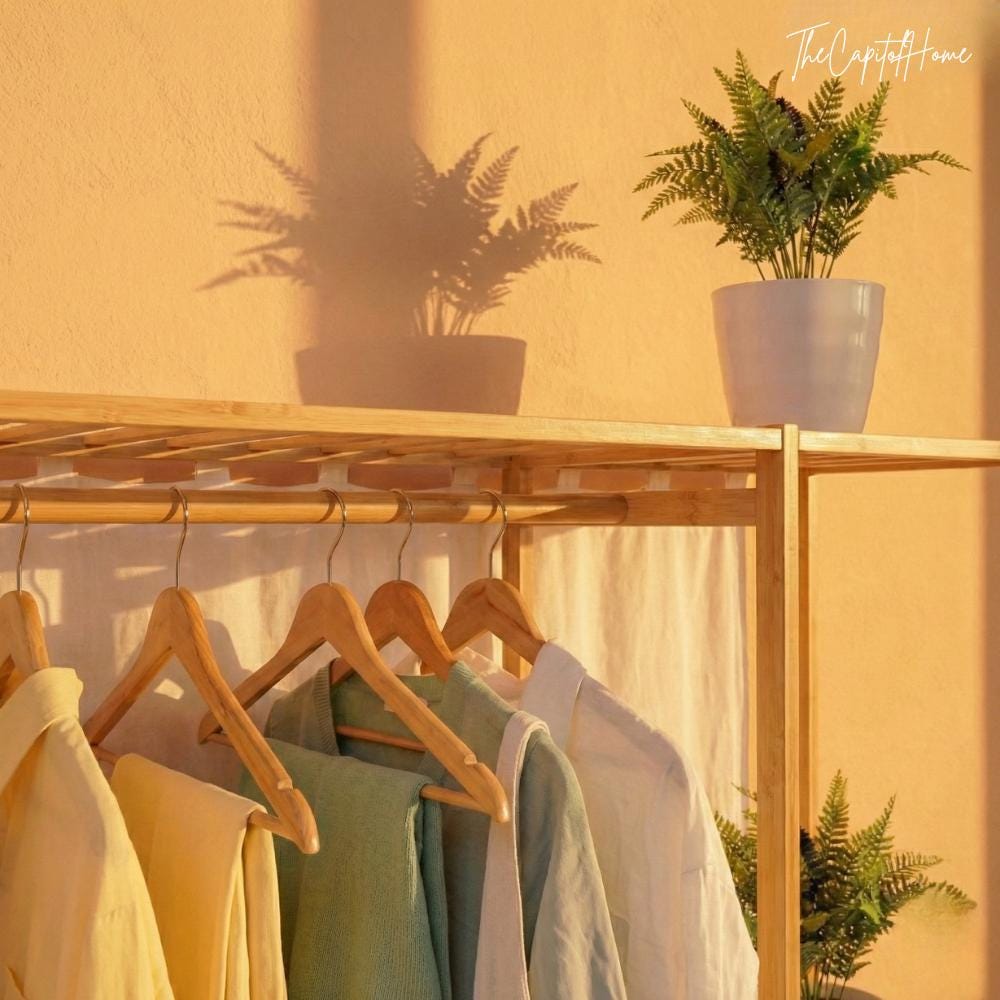 Bamboo Clothes Rack with Curtain & 6 Shelves – Japanese Style Open Wardrobe Organizer 57"