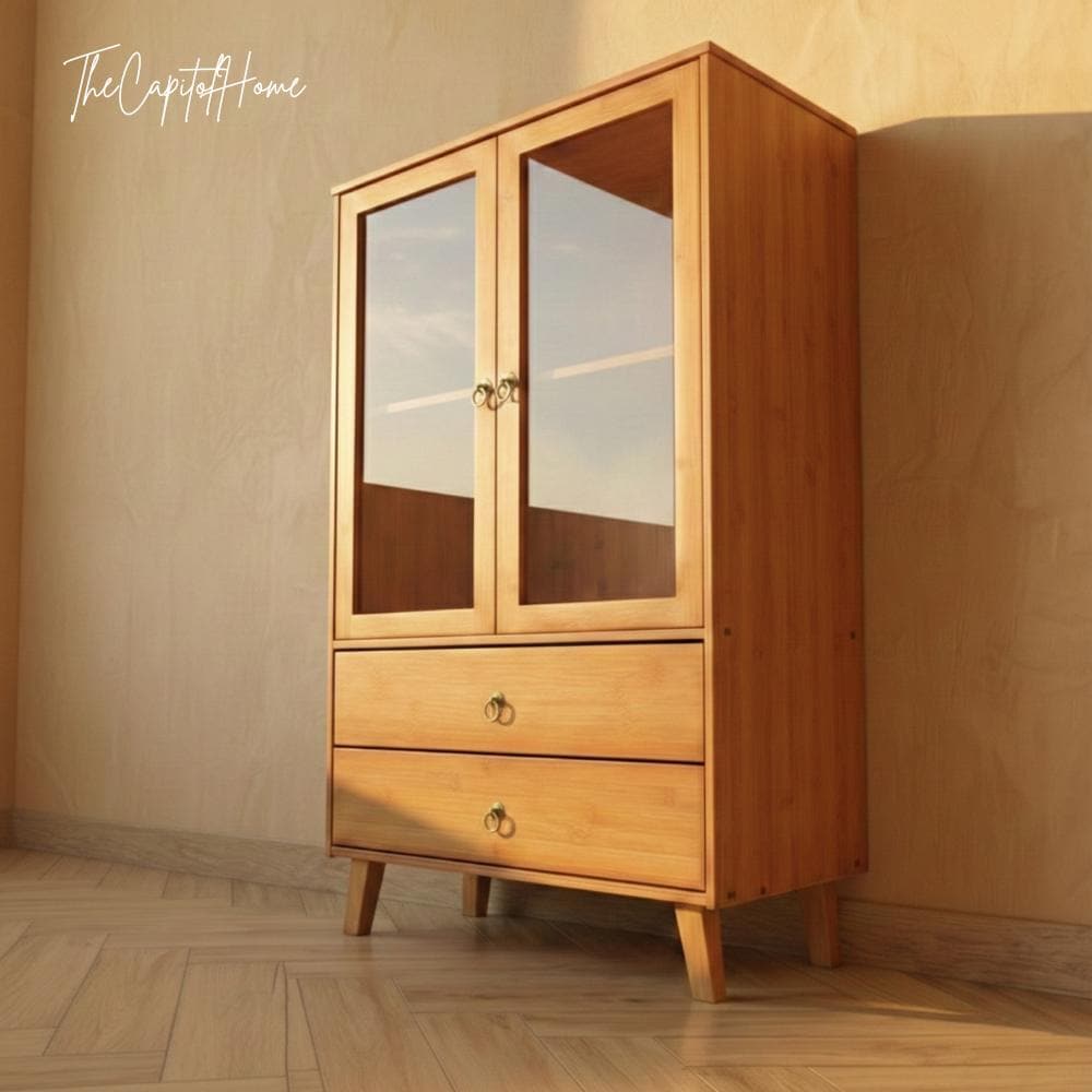 Bamboo Console Table | Japanese Entryway Cabinet with Acrylic Doors | Japandi Storage