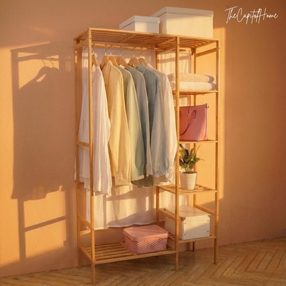 Bamboo Clothes Rack with Curtain & 6 Shelves – Japanese Style Open Wardrobe Organizer 57"