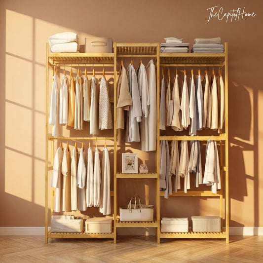 XL Bamboo Open Wardrobe System 77" – Freestanding Clothes Rack with Shelves, Japandi Style