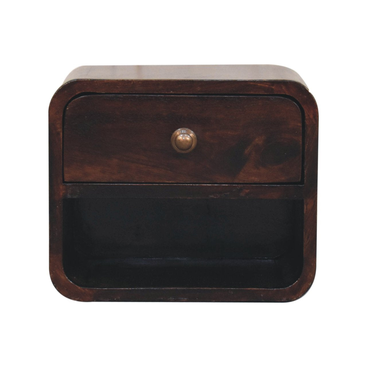 Mini Curved California Walnut Wall Mounted Bedside with Open Slot - product view