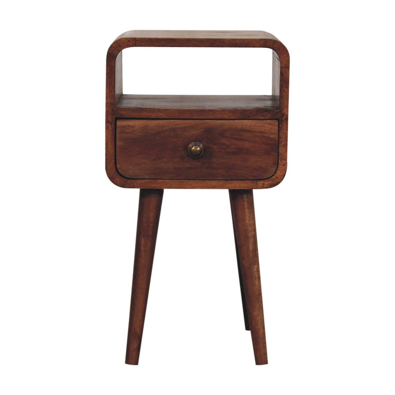 Mini Honey Caramel Curved Bedside with Open Slot - product view
