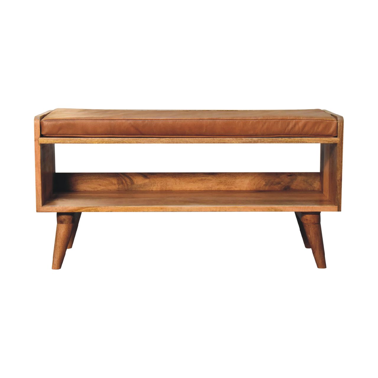 Oak-ish Bench with Tan Leather Seatpad - product view