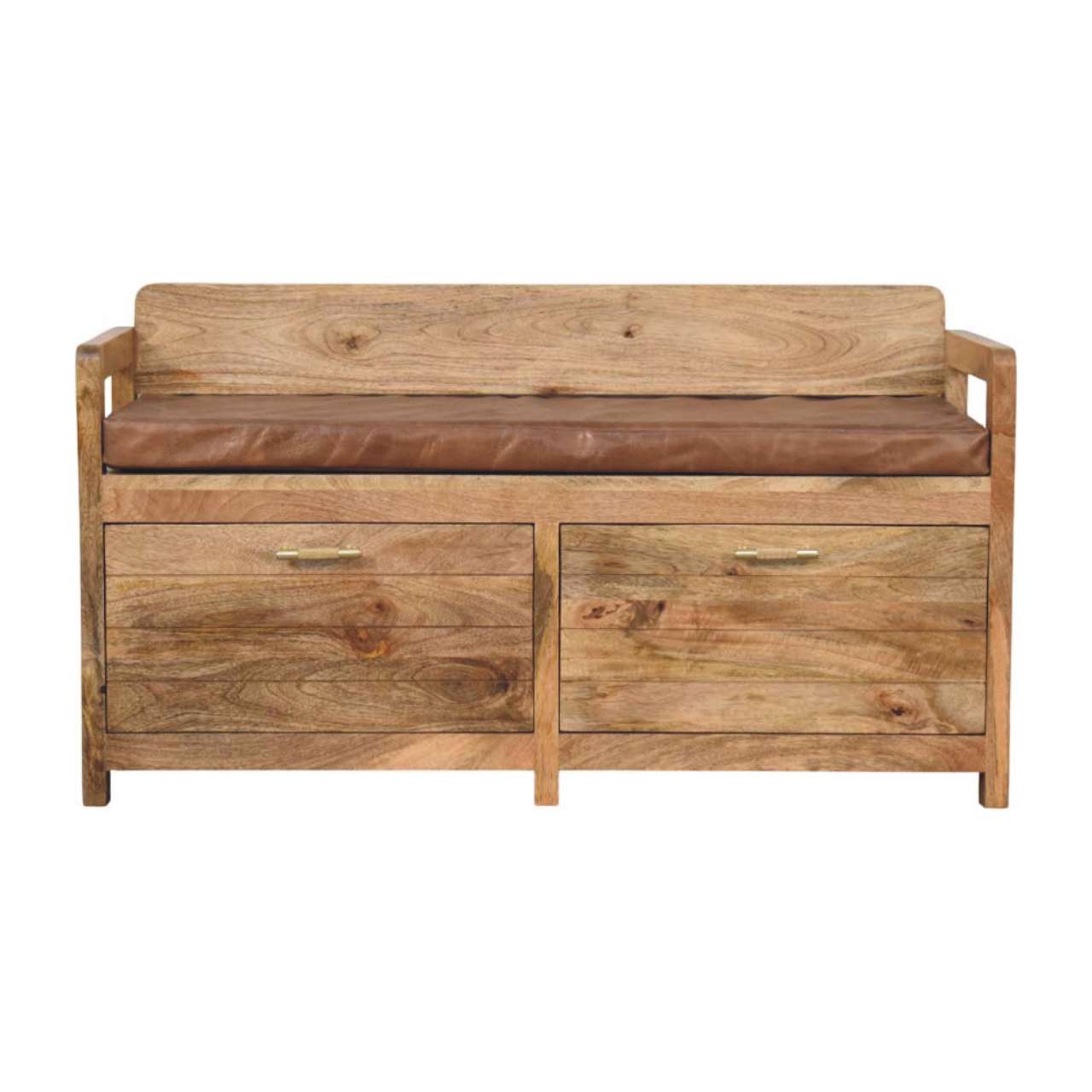 Oakish Storage Bench with Brown Leather Seat - product view