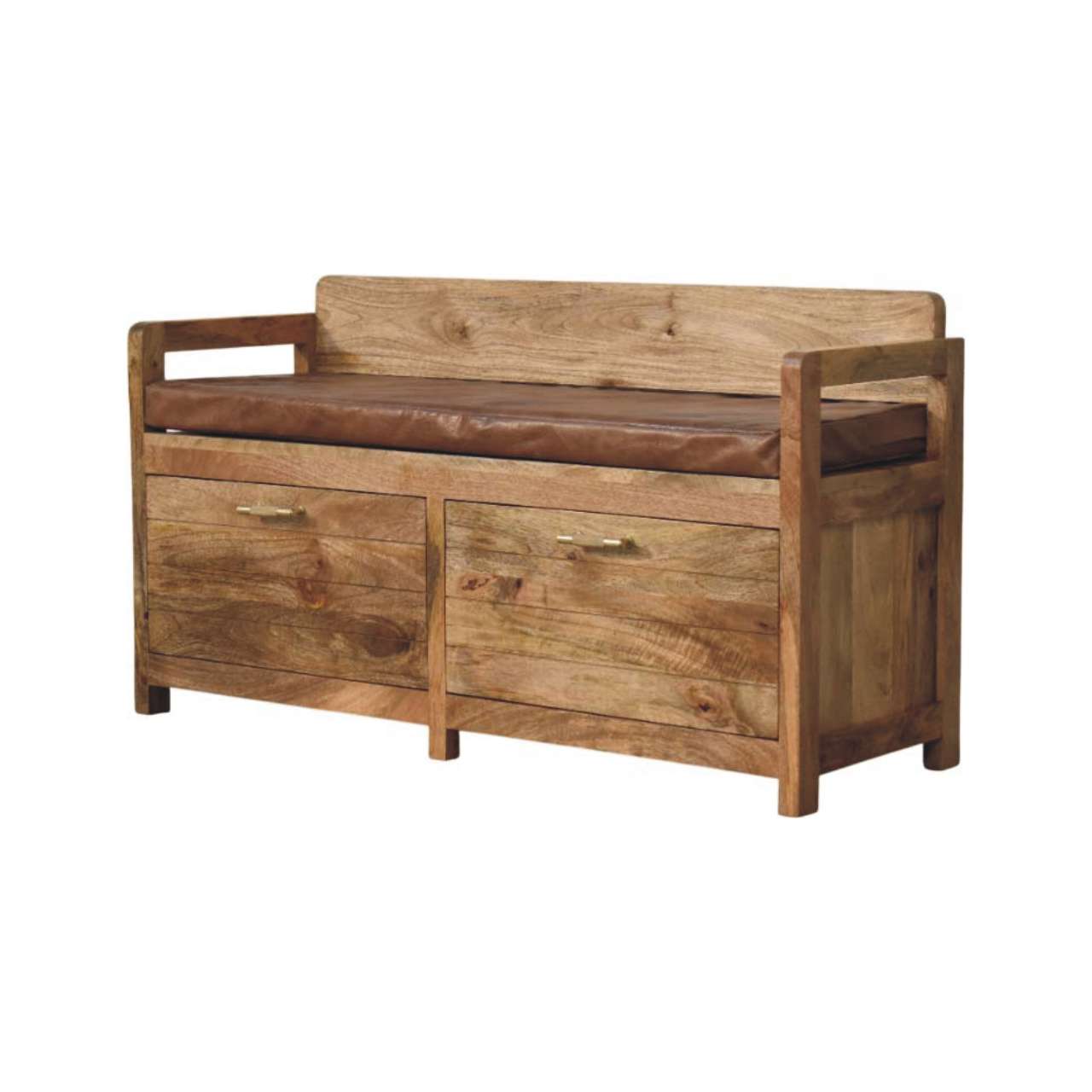 Oakish Storage Bench with Brown Leather Seat - verified alternate view 2