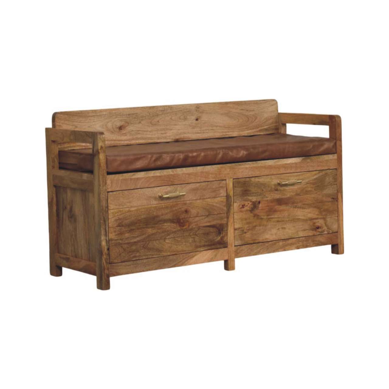 Oakish Storage Bench with Brown Leather Seat - verified alternate view 3