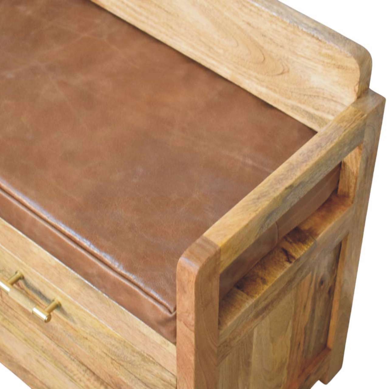 Oakish Storage Bench with Brown Leather Seat - verified alternate view 5